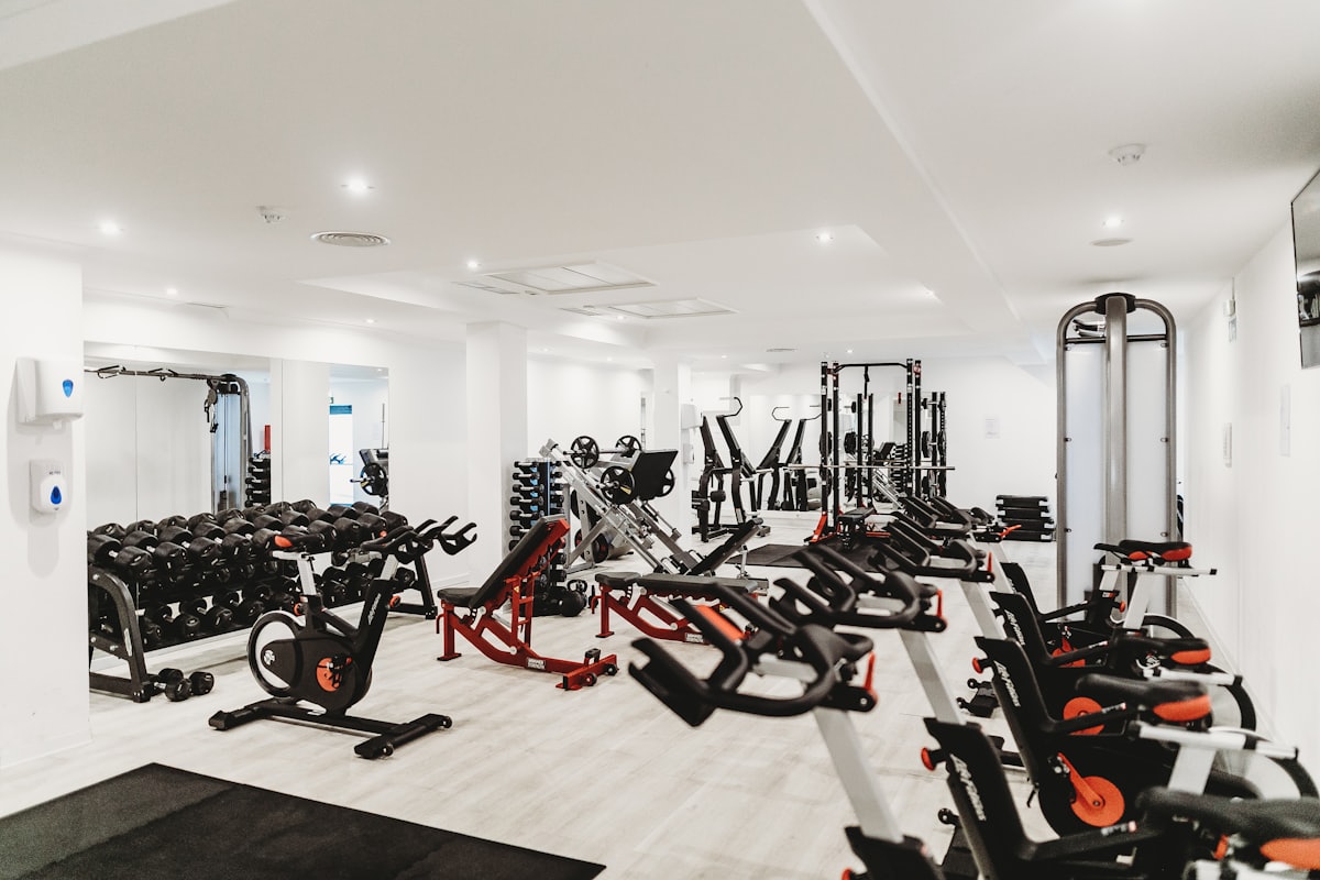 Row of weights on the gym floor